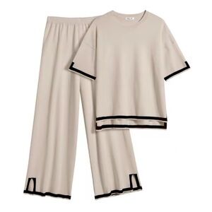 Women's Beige Lounge wear Set with Black Trim